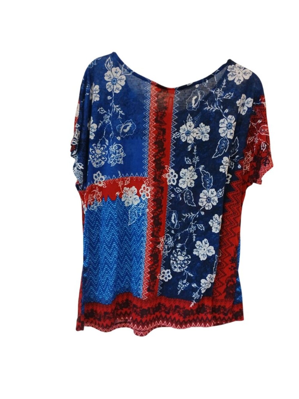 Avenue Size 26/28 Floral Patchwork Top W/ Necklace Red & Blue Short Sleeve #D18 - Picture 8 of 10